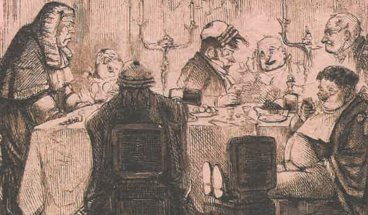An illustration from M.H. Hoeflich's "Legal Feasts" shows lawyers dining at a formal dinner.