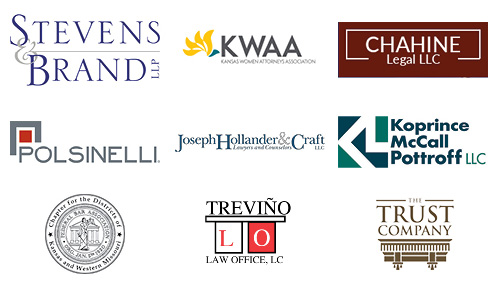 logos of stevens & brand, kansas women attorney association, chahine legal llc, polsinelli, Joseph, Hollander and Craft, LLC, Koprince McCall Pottroff LLC, FBA, Trevino Law Office, and The Trust Company