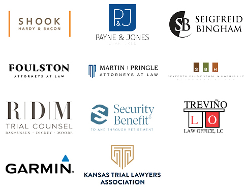 2023 Diversity Banquet silver sponsors Shook hardy & Bacon, Payne & Jones, Seigfreid Bingham, Foulston Attorneys at Law, Martin Pringle Attorneys at Law, SBH, RDM Trial Counsel, Security Benefit, Trevino Law Office LC, Garmin, and Kansas Trial Lawyers Association