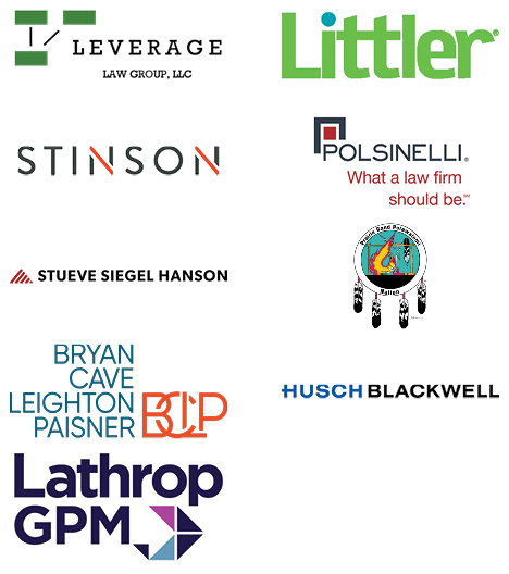 2023 Diversity Banquet gold sponsors Leverage Law Group LLC, Littler, Stinson, Polsinelli, Stueve Siegel Hanson, Bryan Cave Leighton Pasiner BCLP, Husch Blcakwell, and Lathrop GMP
