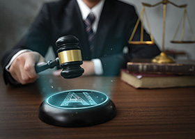 stock image of a gavel hitting a puck that says "AI"