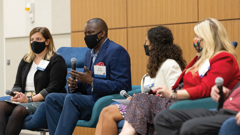 Jabari Wamble speaks during an alumni panel