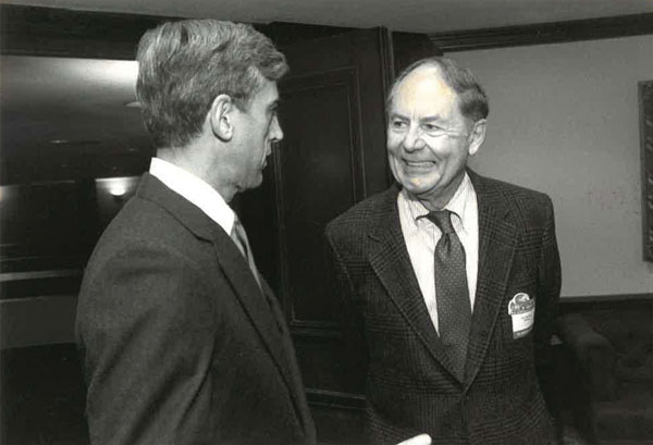 The late Professor Raymond Goetz, right, talks with Professor Emeritus John Peck in this archive photo.