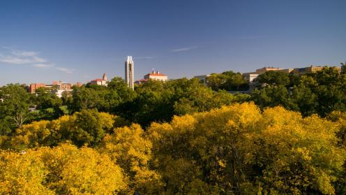 Aerial view of the KU campus during fall